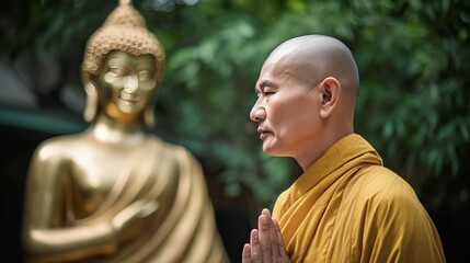Naklejka premium A monk standing praying in front of a golden Buddha, Generative AI