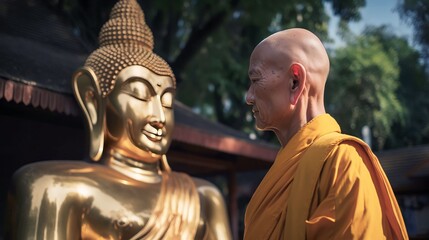 Naklejka premium A monk standing praying in front of a golden Buddha, Generative AI