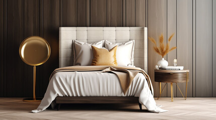 Luxury, minimal round wooden bedside table, gold floor lamp, brown leather headboard bed, with white blanket, pillow, in elegant beige wall bedroom on parquet floor for interior design background 3D. 
