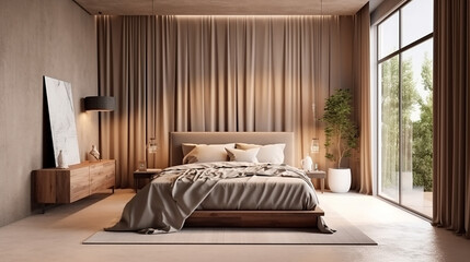 Luxury, modern beige bedroom with walk in closet, wooden bed, gray blanket, bedside table, bathroom in sunlight from window curtain on brown stucco wall. Interior design background 3D. Generative AI