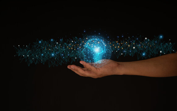 Solution for web banner design or landing page template for an ad agency with hands coming out of the screen with the brain, virtual icons, colorful thinking, and link leading lines.