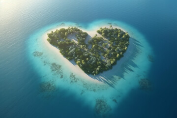 Travel, vacation and leisure concept. Tropical island in the shape of a heart in the middle of the ocean with sandy beach and rocks view from air. Valentines Day. Generative AI
