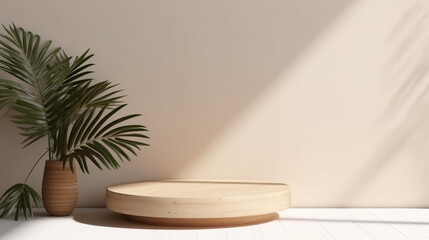 Minimal, natural log wood podium table in sunlight, palm leaf shadow 