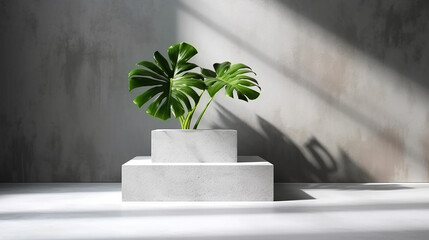 Minimal white square concrete podium, tropical tree in sunlight, leaf shadow on gray cement texture wall loft 
