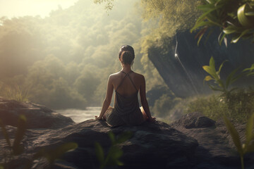Fototapeta premium Healthcare and lifestyle concept. Young woman meditating in nature. Generative AI