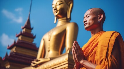 A monk standing praying in front of a golden Buddha, Generative AI