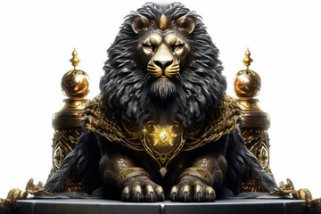 Fototapeta premium The Royal Black lion with luxury dress costume. Close up Portrait King lion with throne and crown isolated on white background. Generative AI.