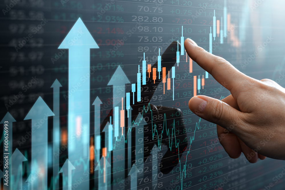 Aufkleber increasing in stock prices. stock market data. analyst pointing candlestick chart. many up arrows.