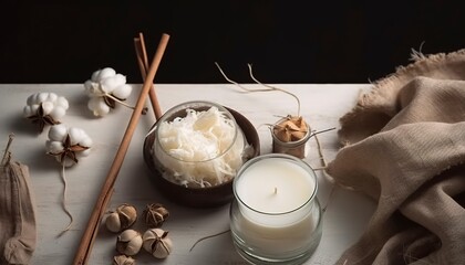 Basic set for home-made natural white eco soy wax candles in glass, wick, perfume. Idea for a hobby, business. Making trendy diy candles without harm to health on white background, generate ai - obrazy, fototapety, plakaty