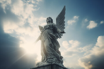 Culture and religion concept. Angel ancient statue in cloudy sky background. Dramatic sky with sunlight illuminating statue. Generative AI - obrazy, fototapety, plakaty
