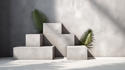 Three square geometric design step concrete podium, palm tree in sunlight, shadow on gray cement corner loft wall for modern luxury 