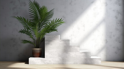 Three square geometric design step concrete podium, palm tree in sunlight, shadow on gray cement 