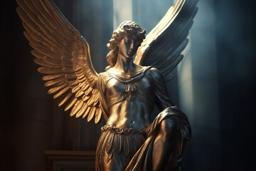 Culture and religion concept. Angel ancient statue with wings in church. Sunlight illuminating statue. Generative AI