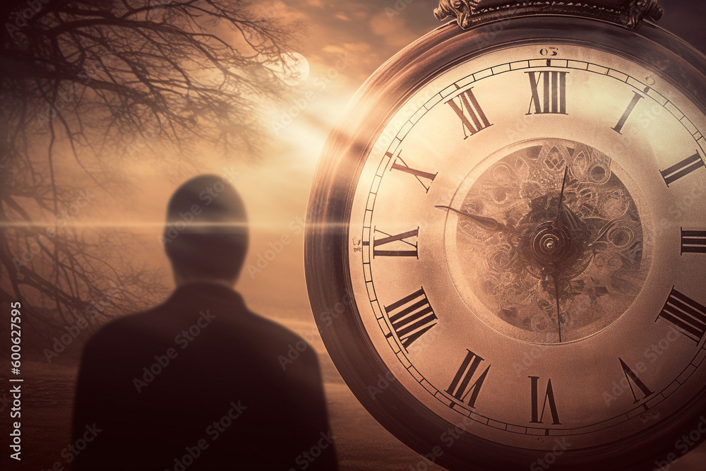 Wall mural abstract concept of time passing by. human silhouette and old clock representing past time. turn bac