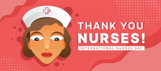 Fototapeta na wymiar International nurses day - Thank you nurses text, modern face nurses charecter and shadow bubble on pink dot and curve texture background vector design