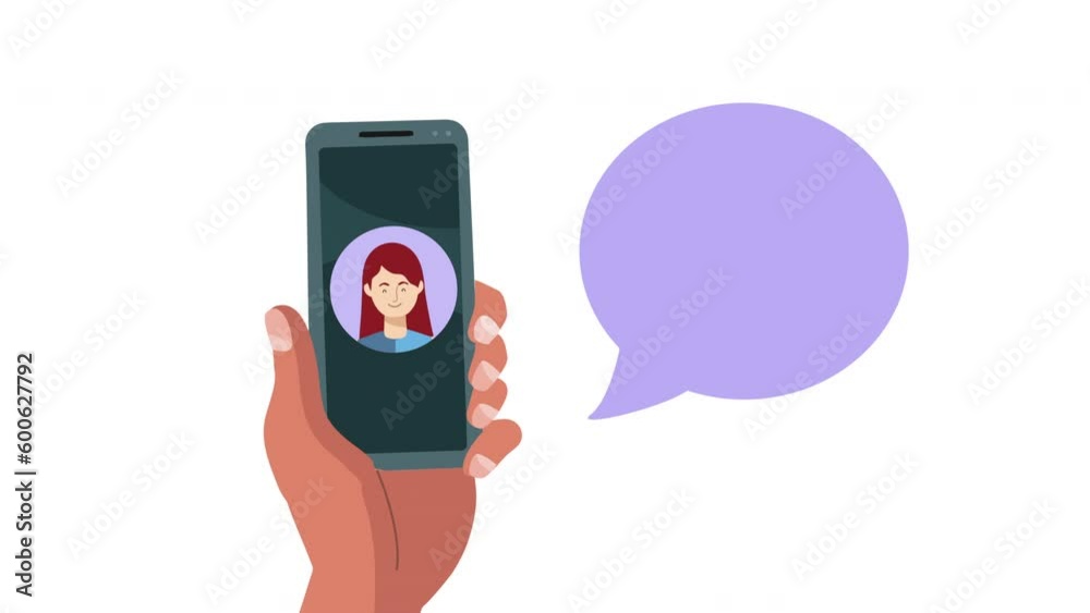 Poster hand with smartphone and woman contact animation