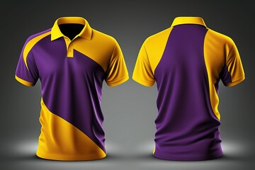 Purple and yellow polo shirt template, front and back view, 3d rendering
