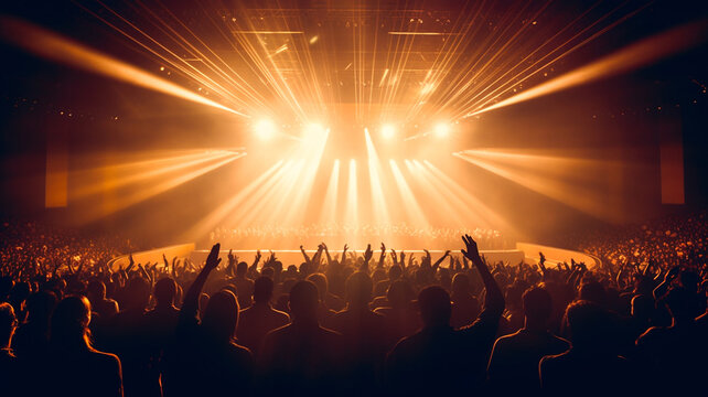 A concert hall with people silhouettes clapping in front of a big stage lit by spotlights. Shot is taken from concert crowd point of view, lens flare is visible Generative AI.
