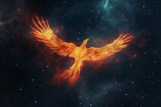 Fire phoenix bird in space background. Generative AI