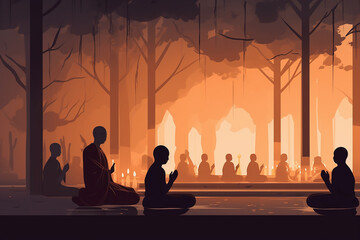 illustration of Buddhists monk praying  in a temple, AI Generated