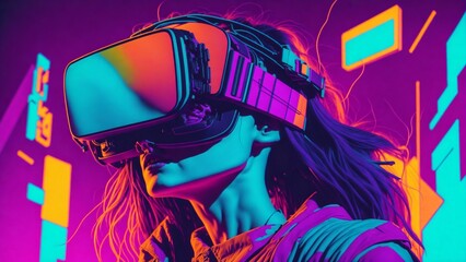 A vibrant, neon-colored virtual reality experience, seen through the eyes of a young woman.