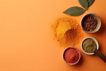 Flat lay composition with henna and turmeric powder on coral background, space for text. Natural hair coloring, generate ai