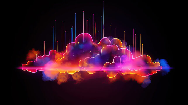 Illustration of 3D background with abstract glowing neon Cloud wallpaper. Cloud technology concept. Cloud services. Data transfer and protection. Created by Generative AI technology.