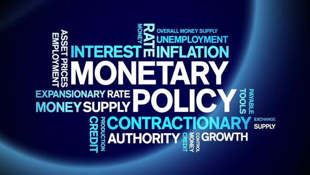 Monetary Policy animated tag word cloud;text design animation kinetic typography seamless loop.