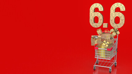 The 6.6 and shopping cart on red Background 3d rendering