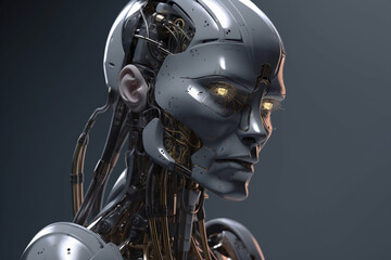 Sci-fi, technology concept. Advanced artificial intelligence robot portrait. Modern futuristic robot human assistant. Generative AI