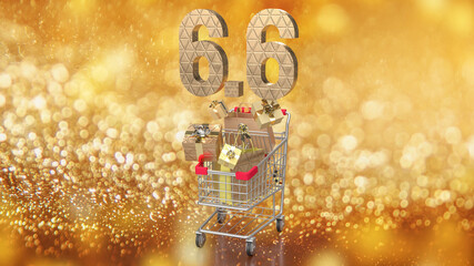The 6.6 and shopping cart on gold bokeh Background 3d rendering