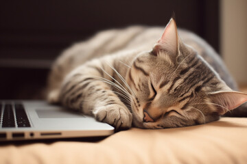 cute cat sleeping near laptop