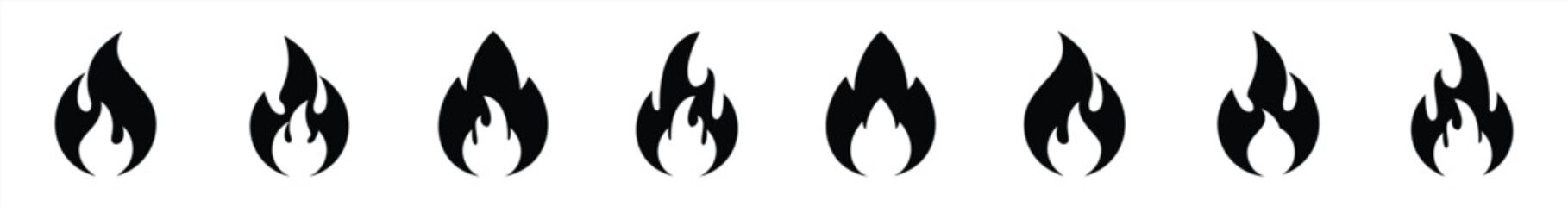 Fire icons set, flames, flame of various shapes, bonfire. Fire icon collection. Vector illustration.