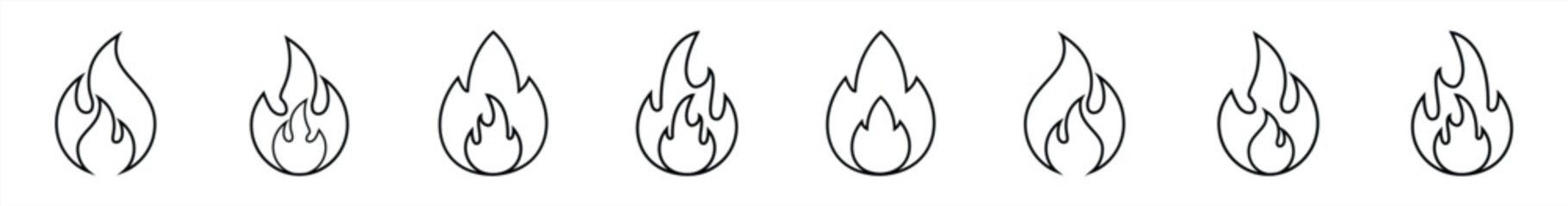 Fire flat line icons set, flames, flame of various shapes, bonfire. Fire icon collection. Vector illustration.
