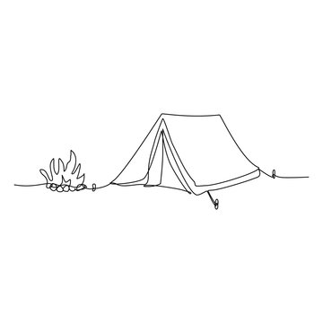 camping illustration with campfire continuous single line