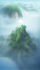 View From Sky or Aerial View of Waterfall in Summer Tropical Fog Island Forest Landscape AI Generative