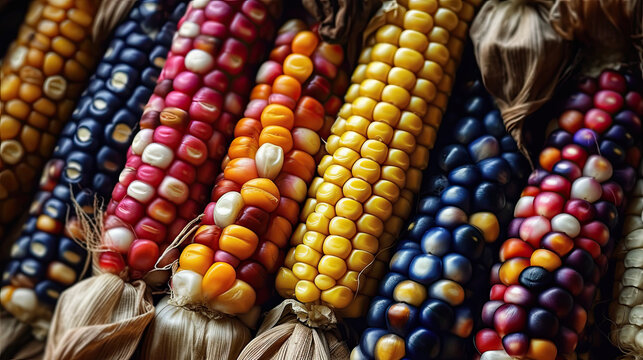 Colored corn cobs. Cereals and grain culture. Multicolored corn background. Variegated corn texture. corn cobs different colors. Organic farm bio vegetables. Generative AI