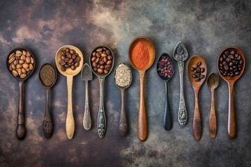 row of spoons filled with various spices. Generative AI