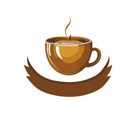 Restaurant, cafe, food service logo with cup of coffee with tea and fork icon, modern concept. colorful.