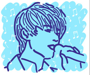 Bold line drawing of a young man holding a microphone and singing, blue grunge background with white hand drawn musical notes, vector illustration