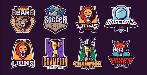Set of mascots and sports logos. Mascots and sports logos for clubs and teams. Bear, lion, fox, cup, baseball, tennis, billiards. Vector illustration isolated on background