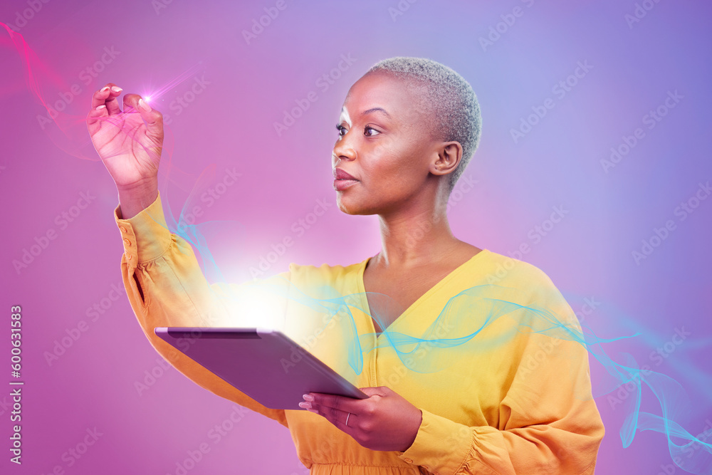 Poster Tablet, hologram and overlay with a black woman in studio on a neon background for an ai icon on a dashboard. Futuristic, digital and ai with a person using a holographic or 3d virtual user interface
