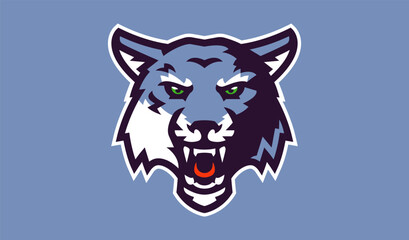 Wolf mascot logo. Wild animal head logo with grin. Badge, sticker of a wolf for a team, sports club. Isolated vector illustration