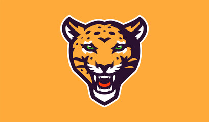 Leopard mascot logo. Wild animal head logo with grin. Badge, sticker of a leopard for a team, sports club. Isolated vector illustration