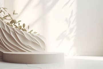 Blank cream white cement curve counter podium with texture soft beautiful dappled sunlight leaf shadow on white wall for luxury beauty treatment product background with generative AI technology