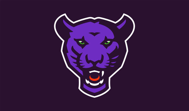 Panther mascot logo. Wild animal head logo with grin. Badge, sticker of a panter for a team, sports club. Isolated vector illustration