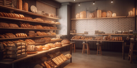 Eco-friendly bakery store with wooden wall, parquet floor, variety of bread, bun, snack on shelf for healthy shopping lifestyle, interior design decoration background with generative AI technology - obrazy, fototapety, plakaty