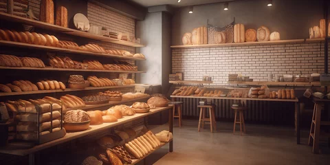 Fotobehang Eco-friendly bakery store with wooden wall, parquet floor, variety of bread, bun, snack on shelf for healthy shopping lifestyle, interior design decoration background with generative AI technology © Nayan
