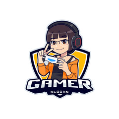 Cute gamer girl esport logo badge © tkzgraphic