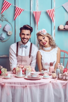 Couple sitting and smiling, celebrating the birthday. Party table with delicious food in retro pastel pink and blue color. We see cakes, muffins, cupcakes. Generative AI.
